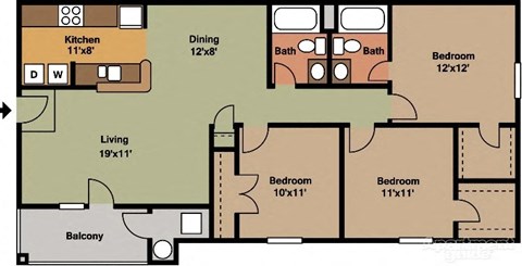 A floor plan of a house with a living room, two bedrooms, a kitchen, a dining room, and a balcony.
